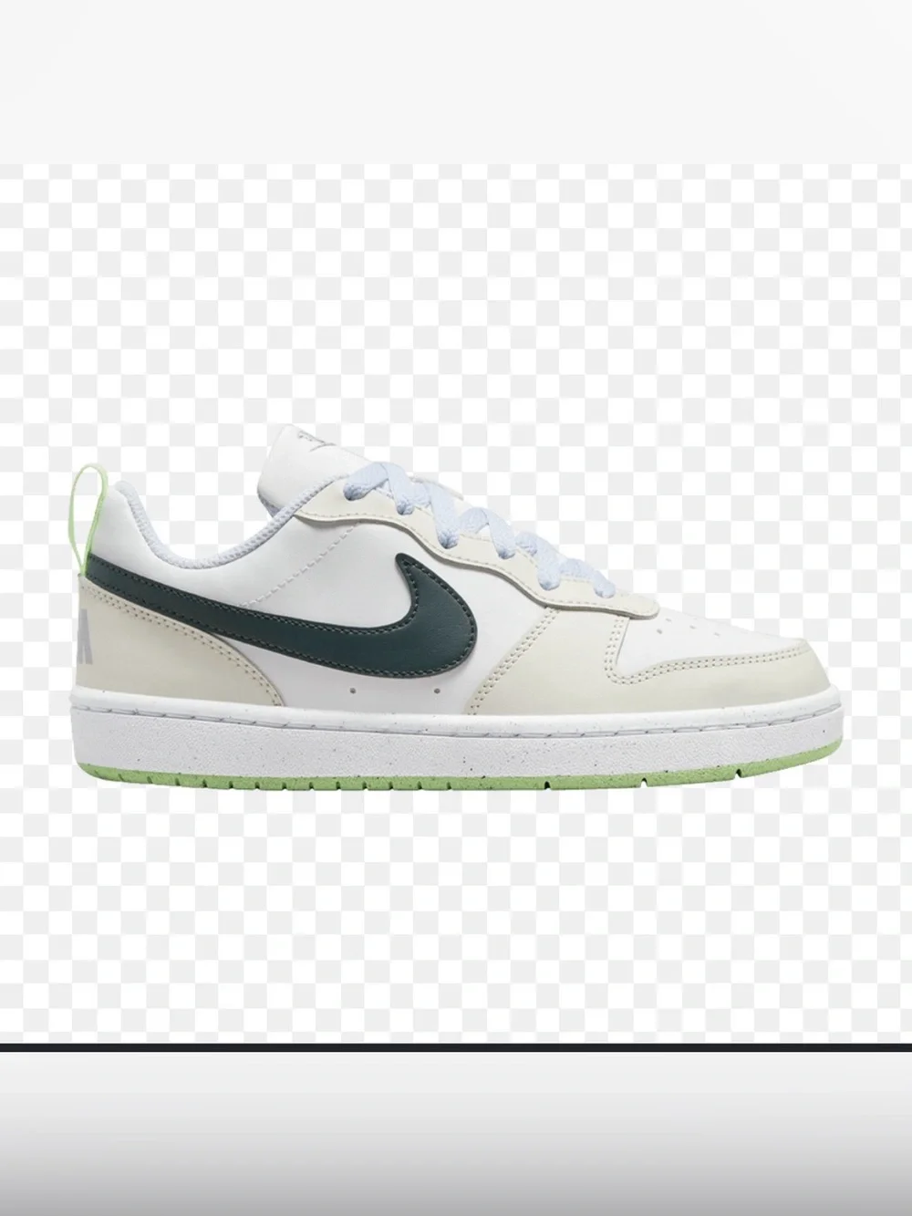 Nike Low-Top Sneaker in White with Dark Green Swoosh and Light Green Outsole